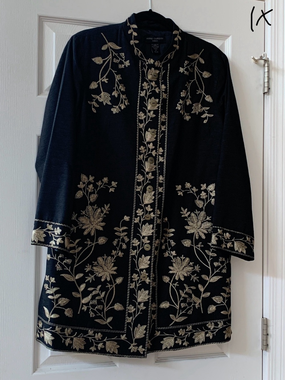 Anne Carson Black Coat with Cream-Gold Floral Embroidery